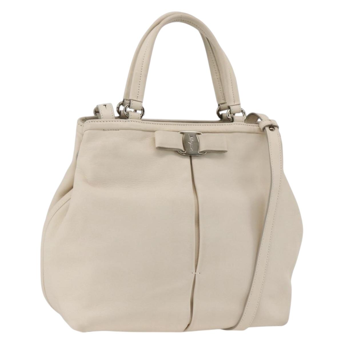 Salvatore Ferragamo Hand Bag Leather 2way White Silver Auth ka3096A