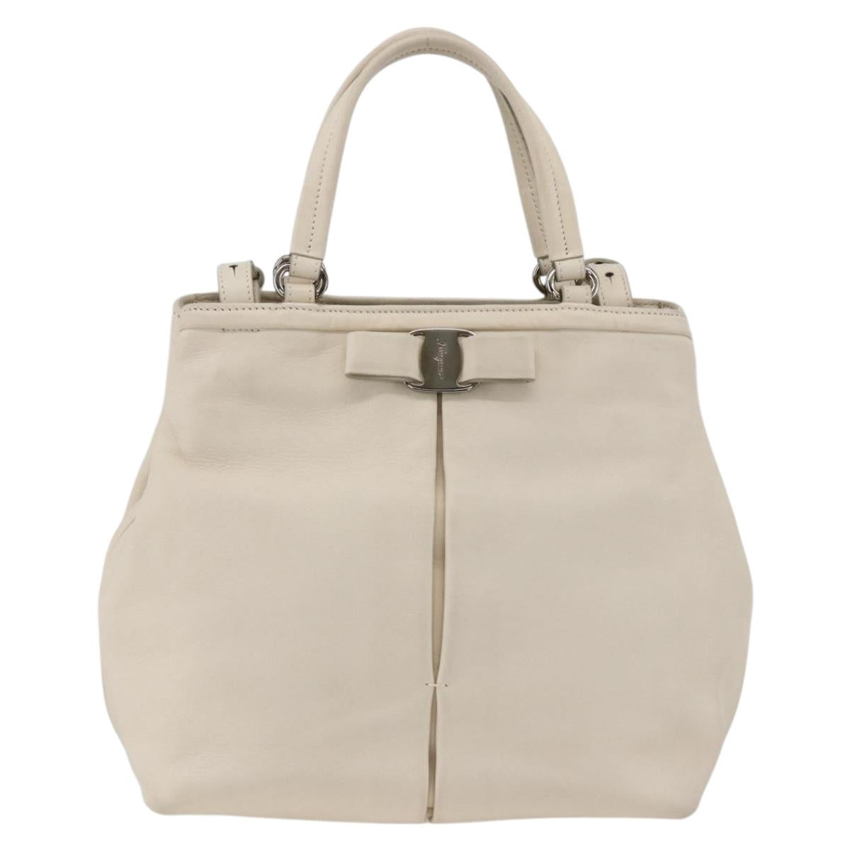 Salvatore Ferragamo Hand Bag Leather 2way White Silver Auth ka3096A