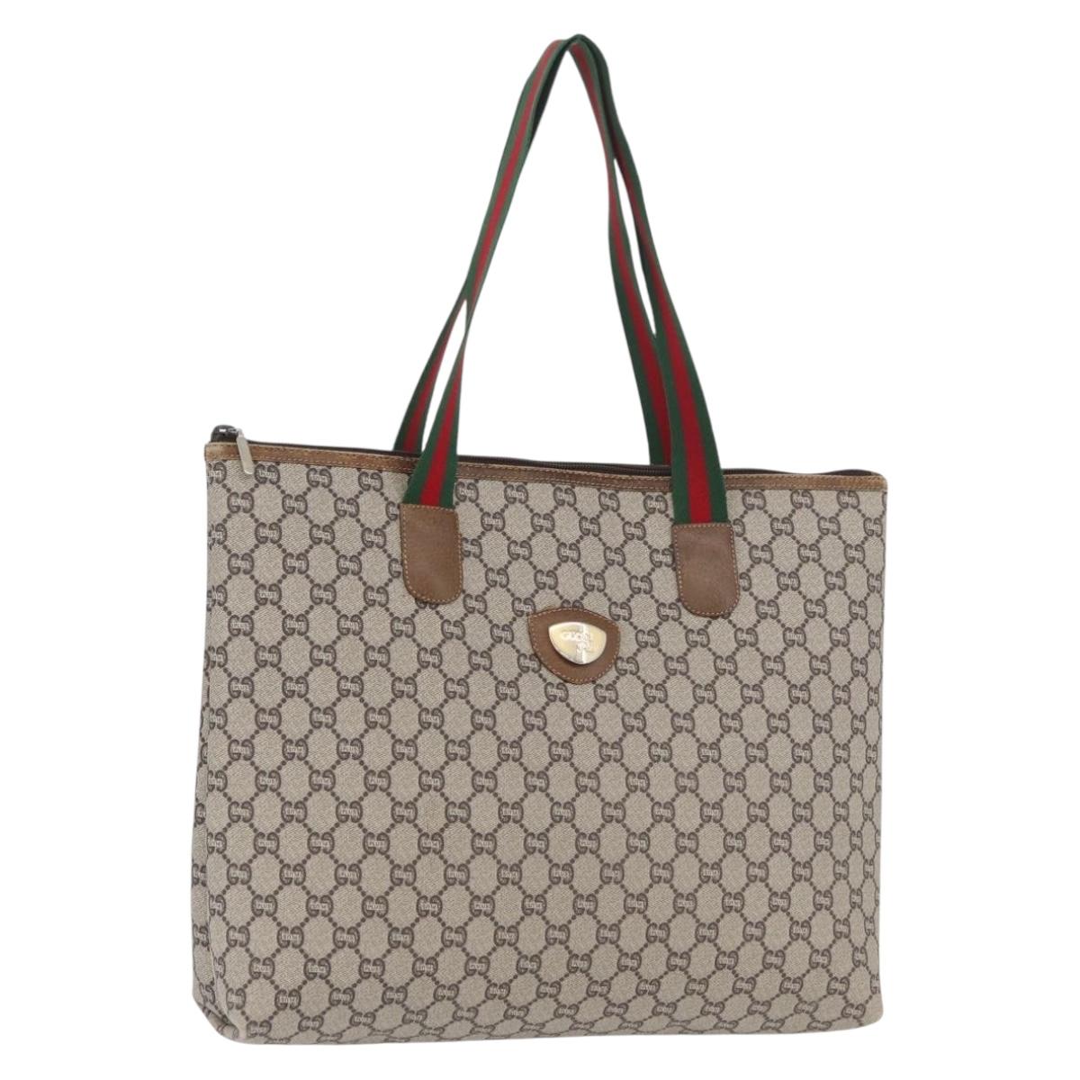 GUCCI GG Plus Supreme Web Sherry Line Tote Bag PVC Beige Red Auth ka3107