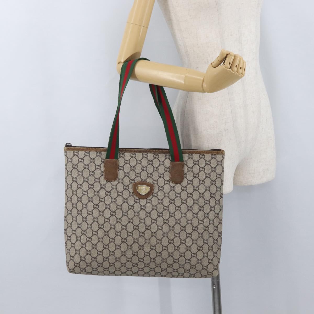 GUCCI GG Plus Supreme Web Sherry Line Tote Bag PVC Beige Red Auth ka3107