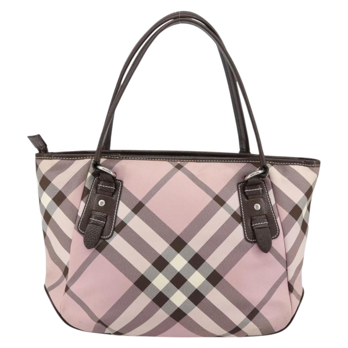 BURBERRY Nova Check Blue Label Tote Bag Nylon Silver Pink Auth ka312
