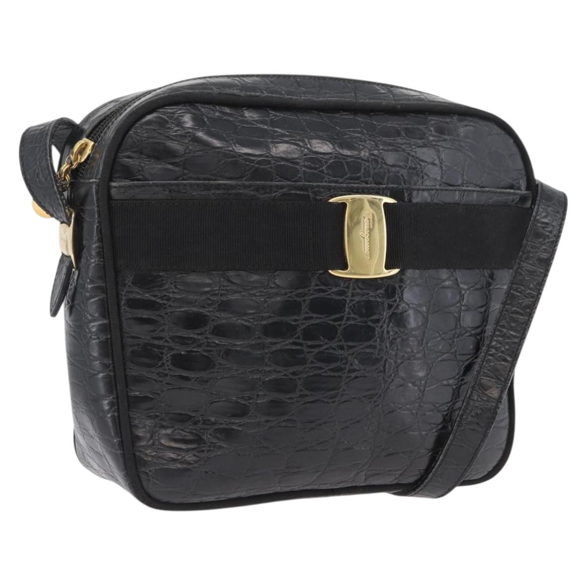 Salvatore Ferragamo Shoulder Bag Leather Black Gold Auth ka3122A