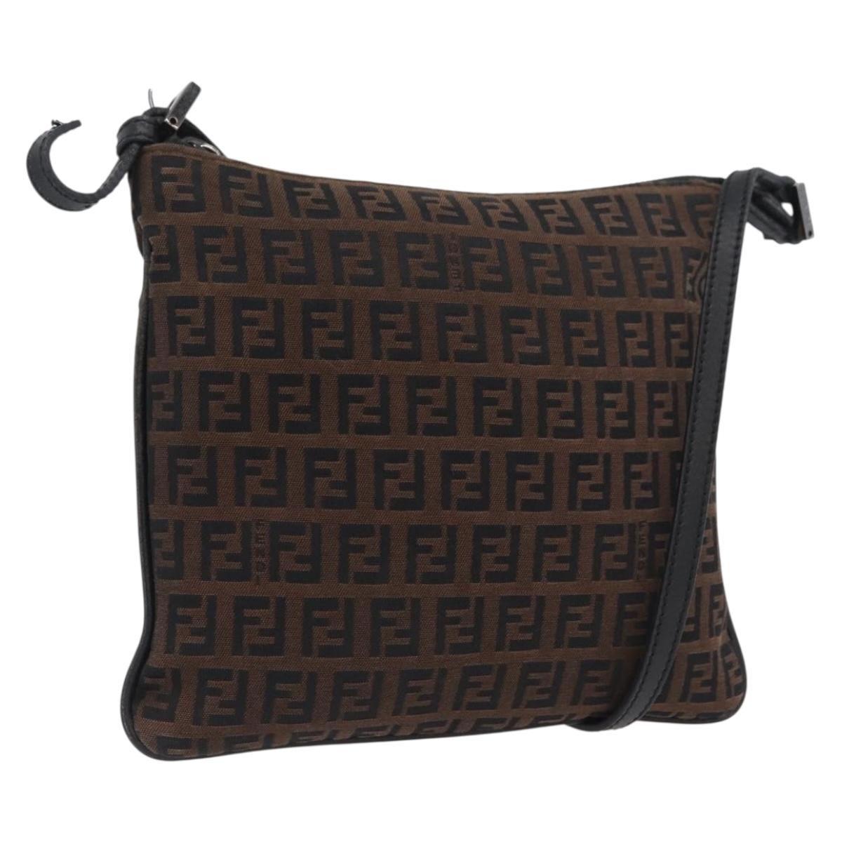 FENDI Zucchino Canvas Mamma Baguette Shoulder Bag Dark Brown Silver Auth ka3125