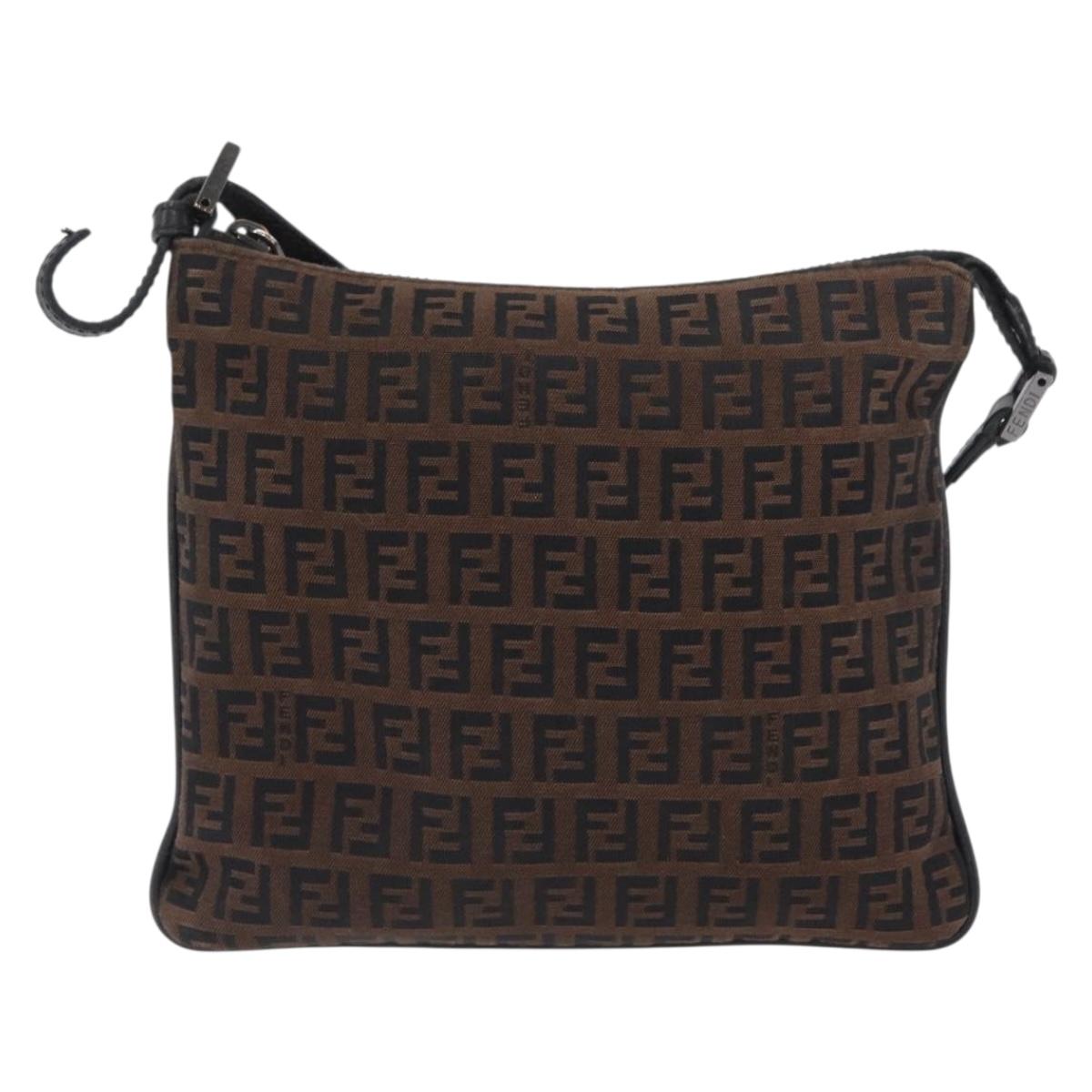 FENDI Zucchino Canvas Mamma Baguette Shoulder Bag Dark Brown Silver Auth ka3125