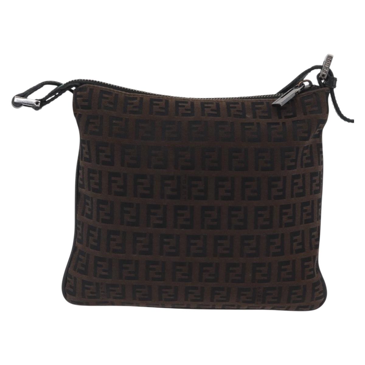 FENDI Zucchino Canvas Mamma Baguette Shoulder Bag Dark Brown Silver Auth ka3125