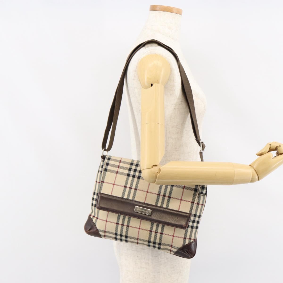 BURBERRY Nova Check Shoulder Bag Nylon Beige Silver Auth ka314