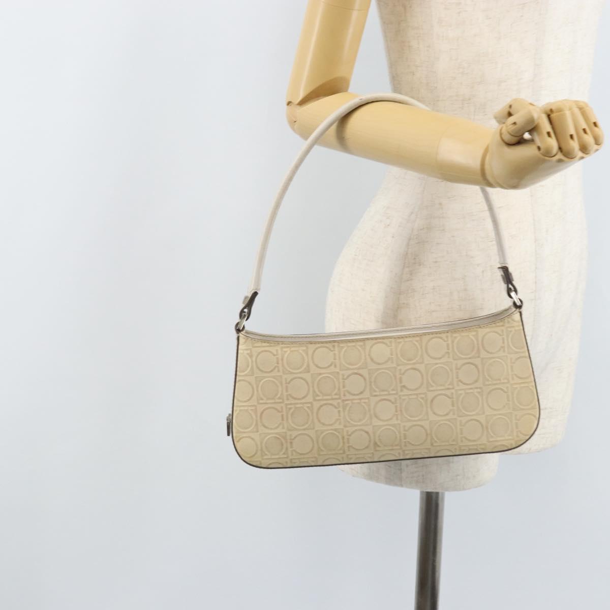 Salvatore Ferragamo Shoulder Bag Leather Beige Silver Auth ka3141