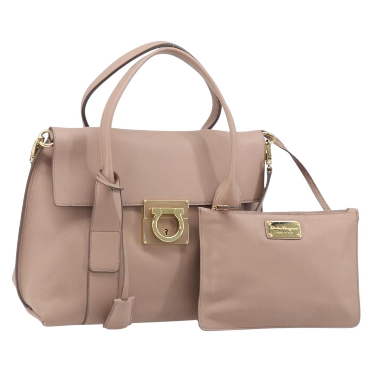 Salvatore Ferragamo Gancini Hand Bag Leather 2way Beige Gold Auth ka3143A