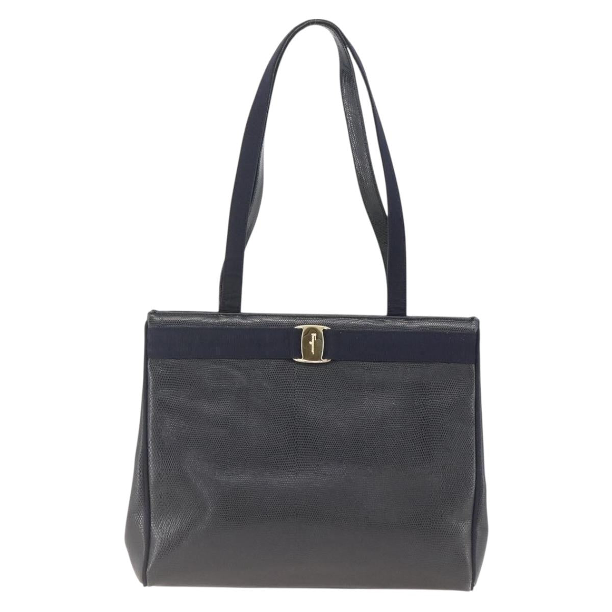 Salvatore Ferragamo Shoulder Bag Leather Navy Gold Auth ka3144A