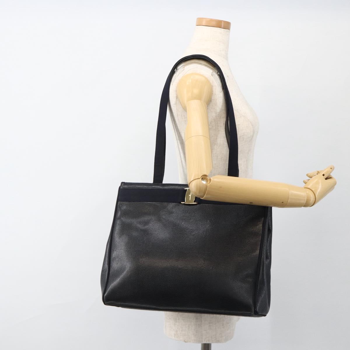 Salvatore Ferragamo Shoulder Bag Leather Navy Gold Auth ka3144A