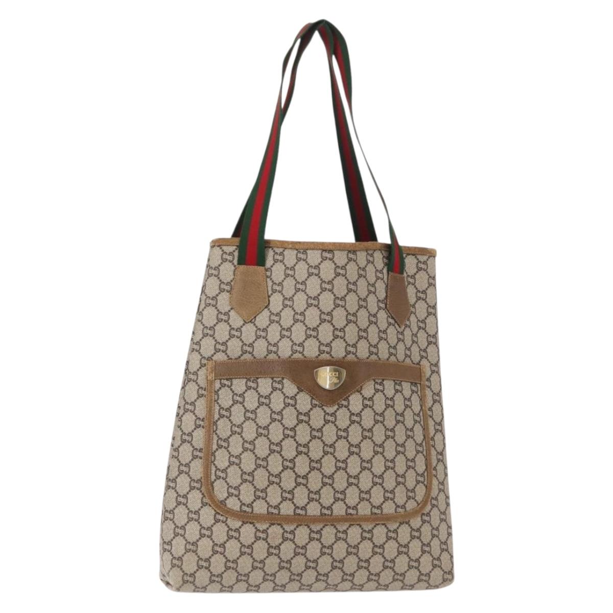 GUCCI GG Plus Supreme Web Sherry Line Tote Bag PVC Beige Red Green Auth ka315