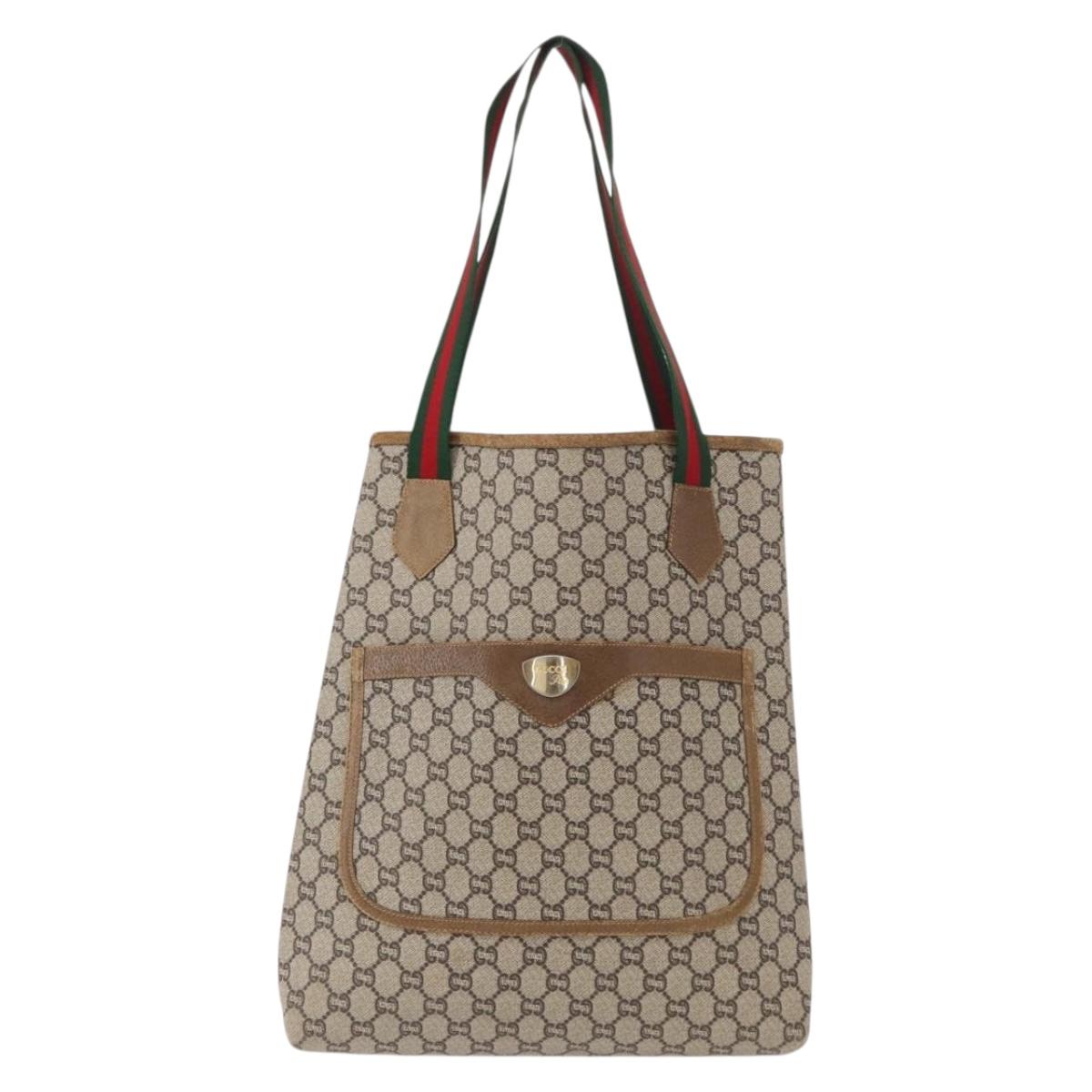 GUCCI GG Plus Supreme Web Sherry Line Tote Bag PVC Beige Red Green Auth ka315