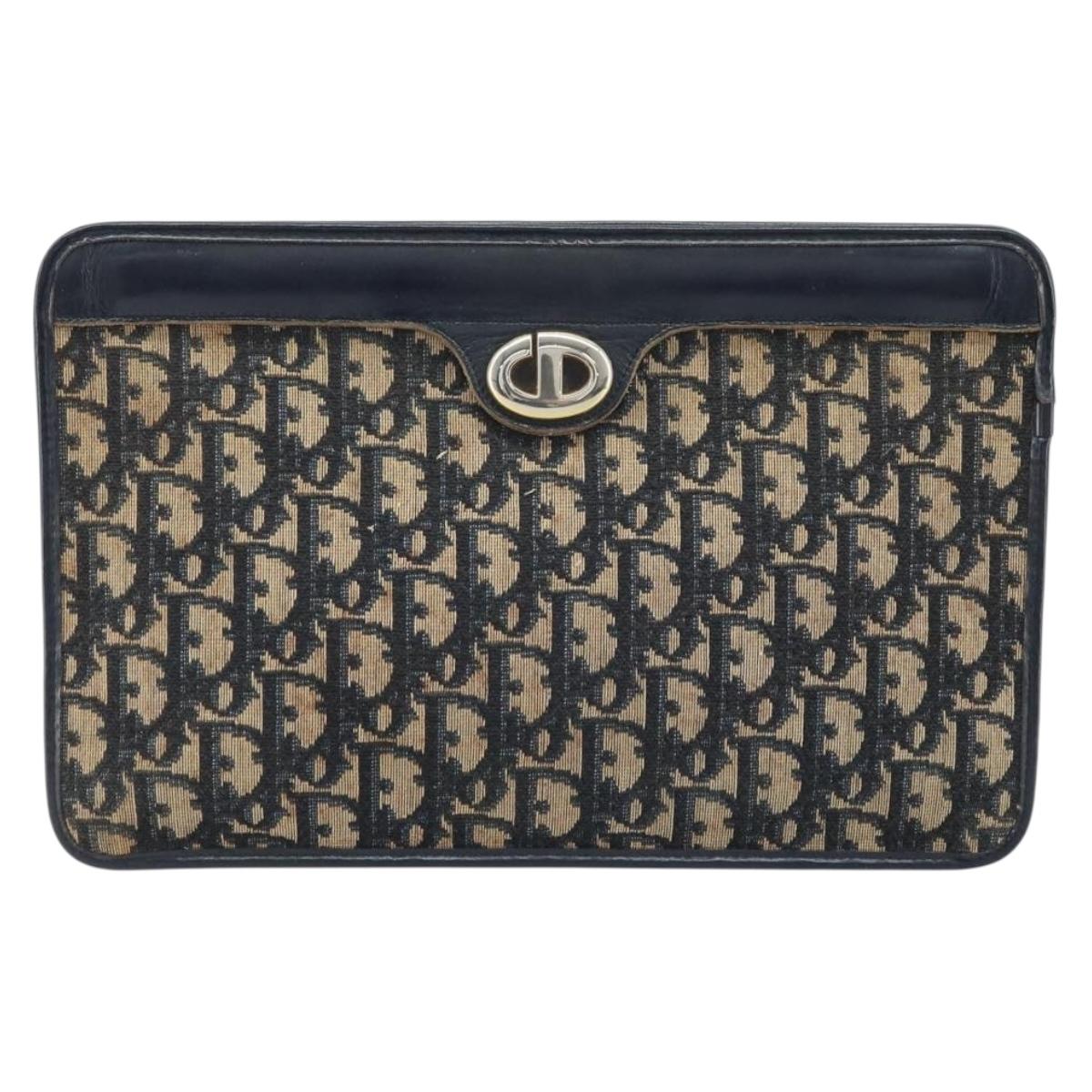 Christian Dior Trotter Canvas Clutch Bag Navy Gold Auth ka3155