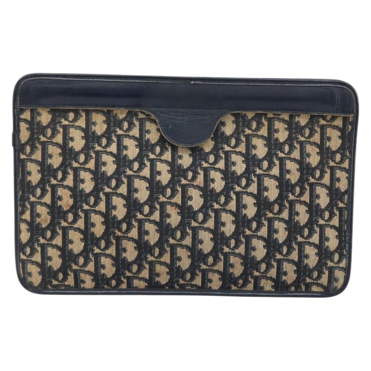 Christian Dior Trotter Canvas Clutch Bag Navy Gold Auth ka3155