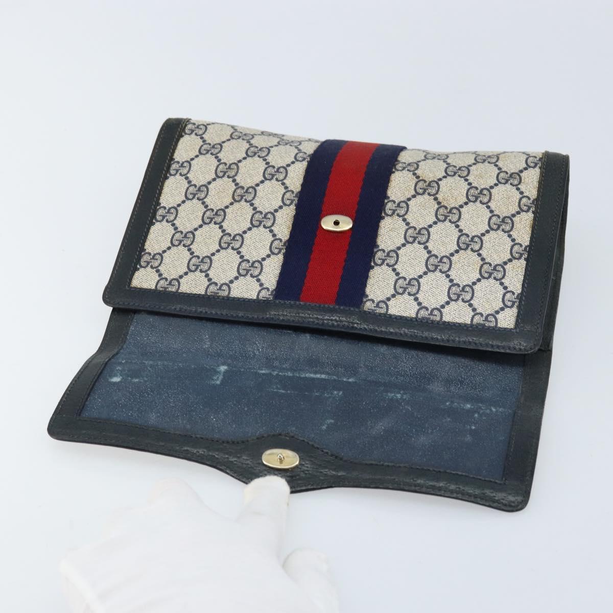 GUCCI GG Supreme Sherry Line Clutch Bag PVC Navy Gold Red 89 01 006 Auth ka3173