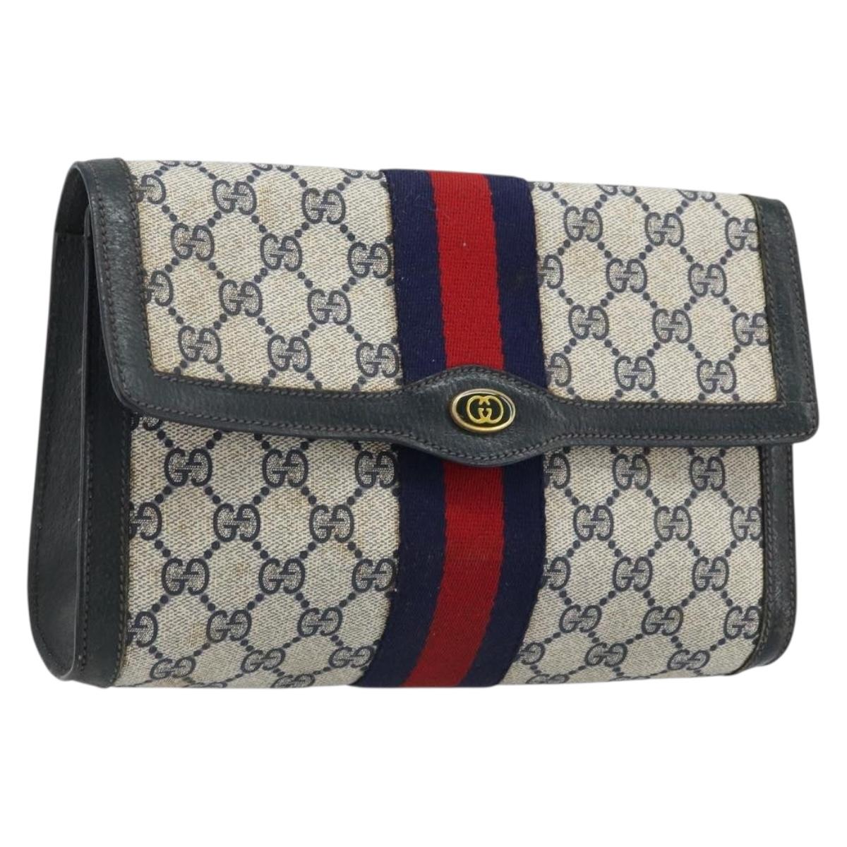 GUCCI GG Supreme Sherry Line Clutch Bag PVC Navy Gold Red 89 01 006 Auth ka3173