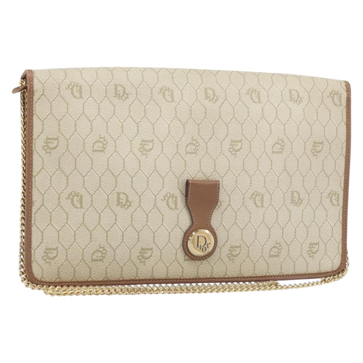 Christian Dior Honeycomb Canvas Chain Shoulder Bag PVC Beige Gold Auth ka3175