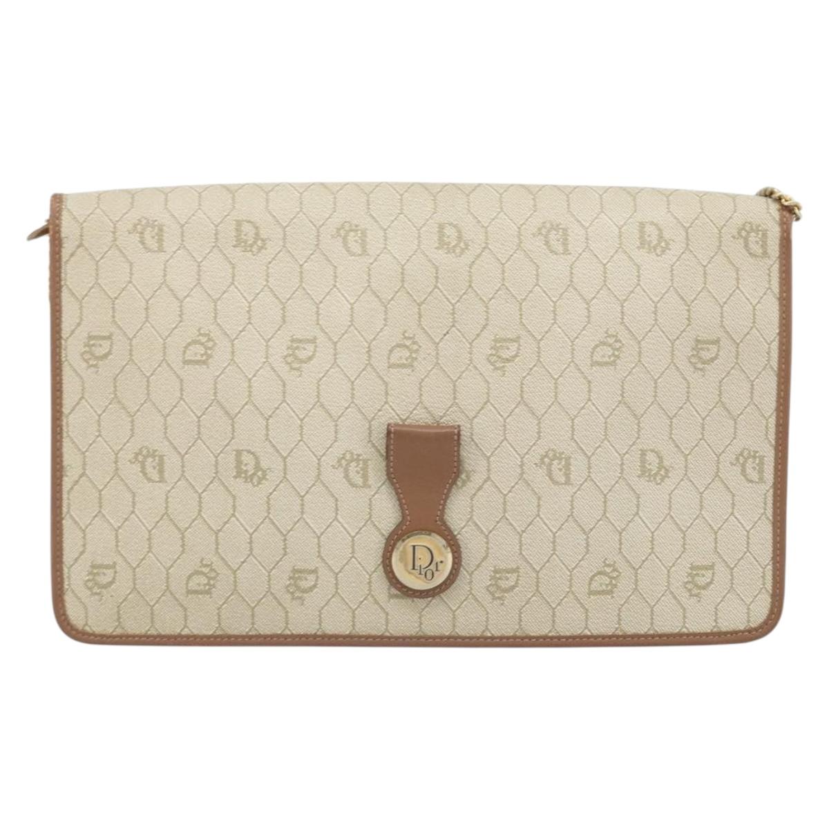 Christian Dior Honeycomb Canvas Chain Shoulder Bag PVC Beige Gold Auth ka3175