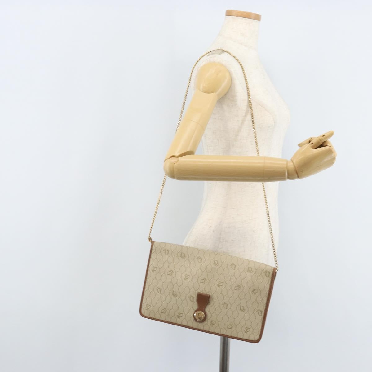 Christian Dior Honeycomb Canvas Chain Shoulder Bag PVC Beige Gold Auth ka3175