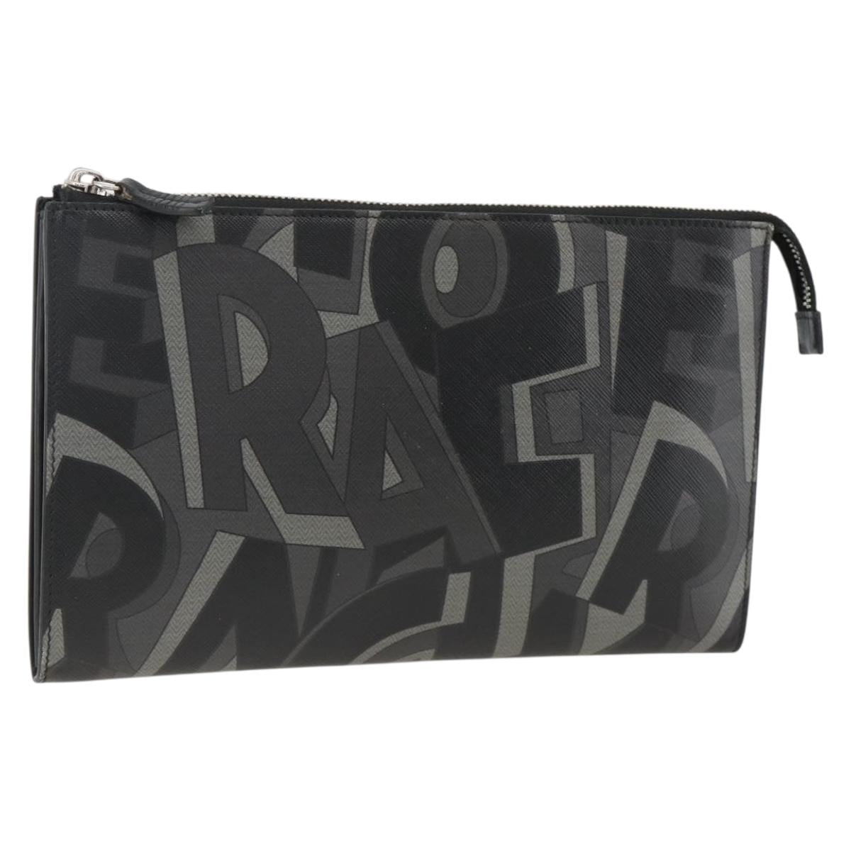Salvatore Ferragamo Clutch Bag Leather Black Silver Auth ka3207
