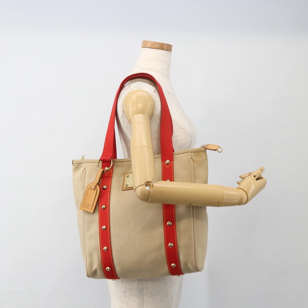 LOUIS VUITTON Antigua Cabas MM Tote Bag Canvas Beige Red M40035 LV Auth ka3234