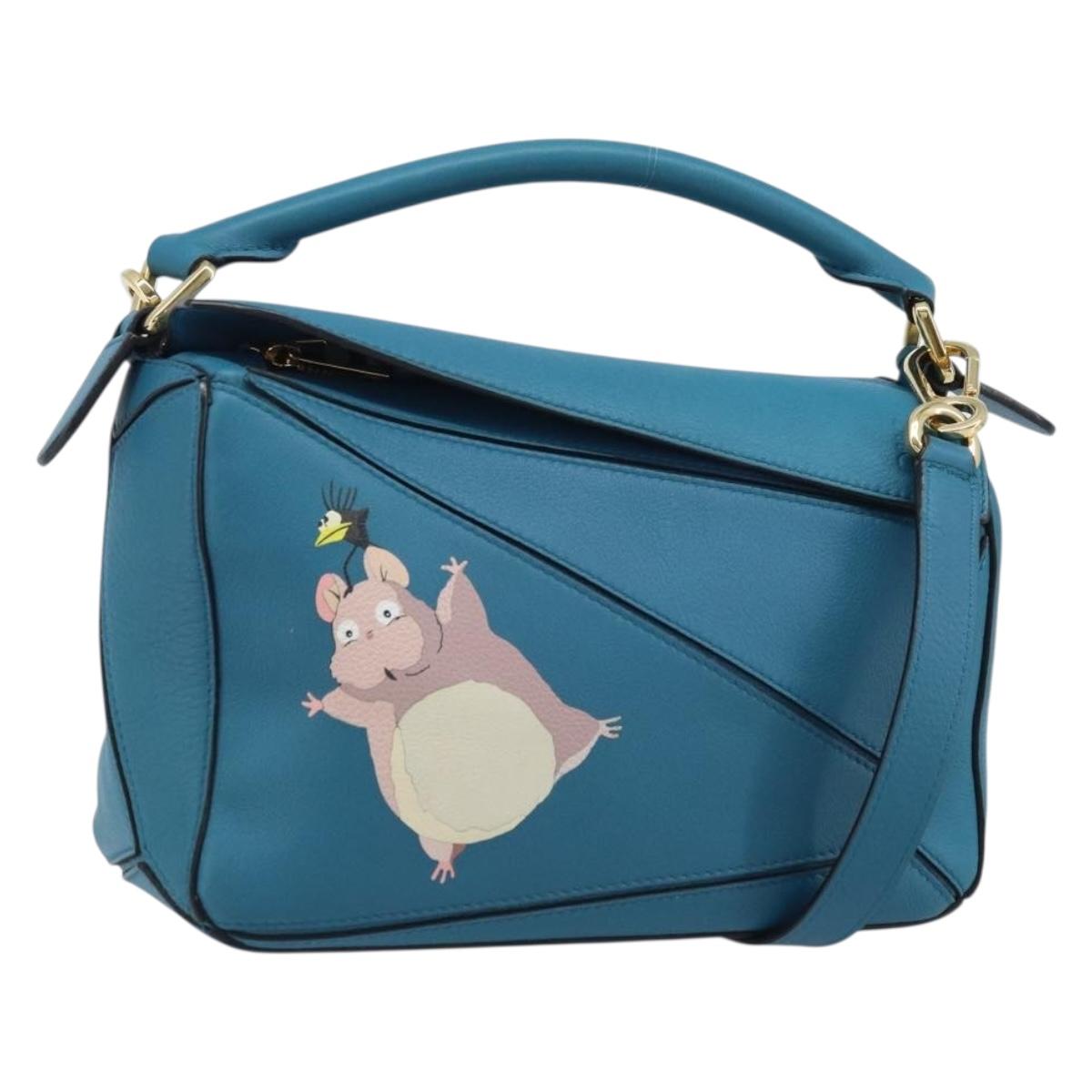 LOEWE ﾃ Studio Ghibli Puzzle bag Hand Bag Leather 2way Blue Gold Auth ka3244SM