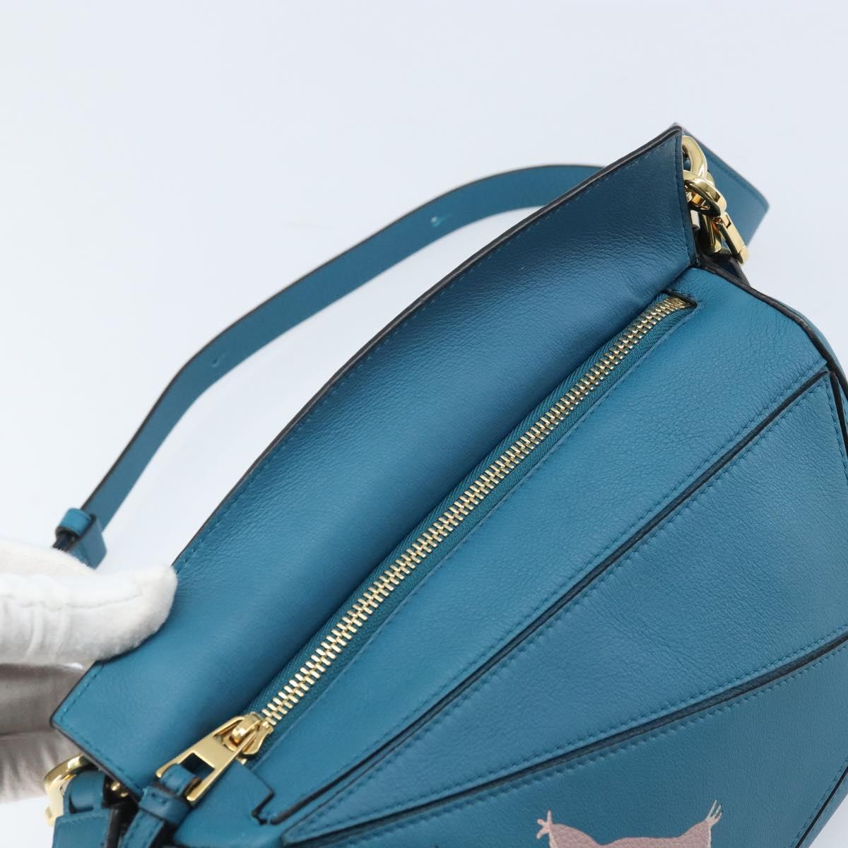 LOEWE ﾃ Studio Ghibli Puzzle bag Hand Bag Leather 2way Blue Gold Auth ka3244SM