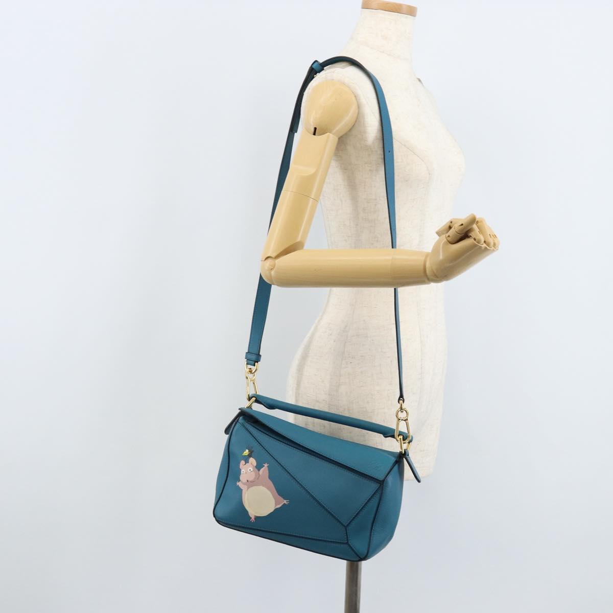 LOEWE ﾃ Studio Ghibli Puzzle bag Hand Bag Leather 2way Blue Gold Auth ka3244SM