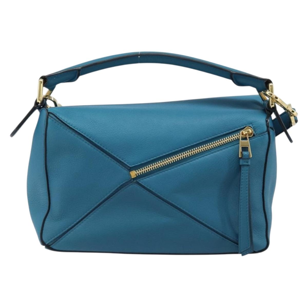 LOEWE ﾃ Studio Ghibli Puzzle bag Hand Bag Leather 2way Blue Gold Auth ka3244SM