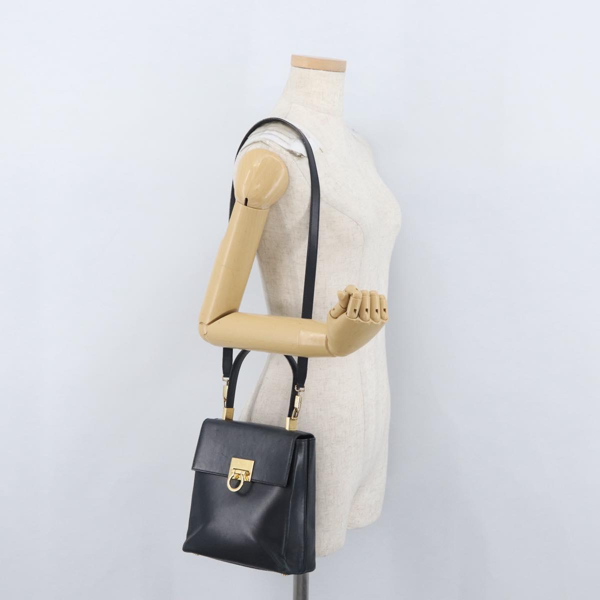 Salvatore Ferragamo Gancini Hand Bag Leather 2way Navy Gold Auth ka3255