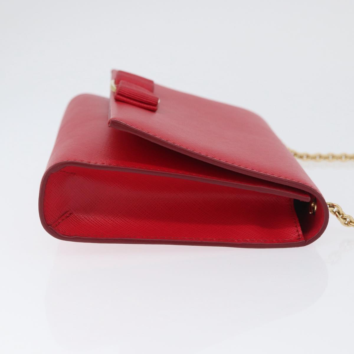 Salvatore Ferragamo Vara Ribbon Chain Shoulder Bag Leather Red Gold Auth ka3265A