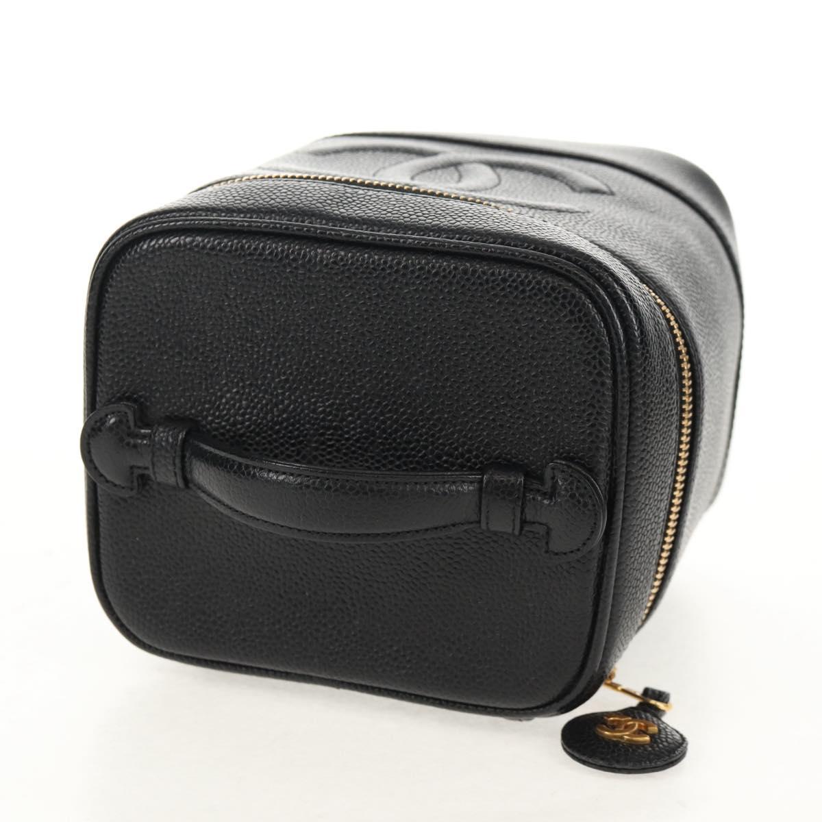 CHANEL COCO Mark Vanity Hand Bag Caviar Skin Black Gold CC Auth ka329V