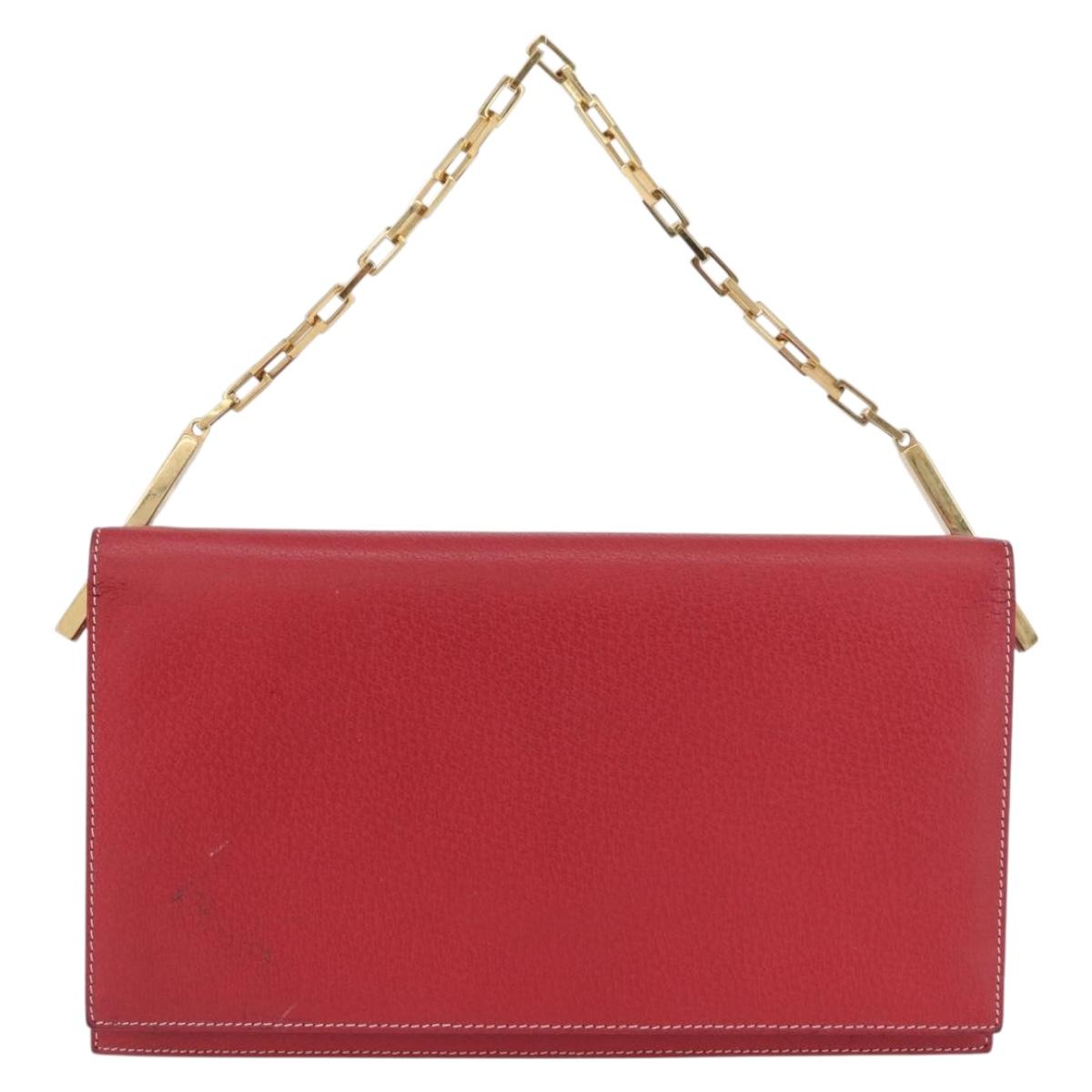 FENDI Chain Hand Bag Leather Red Gold Auth ka3300