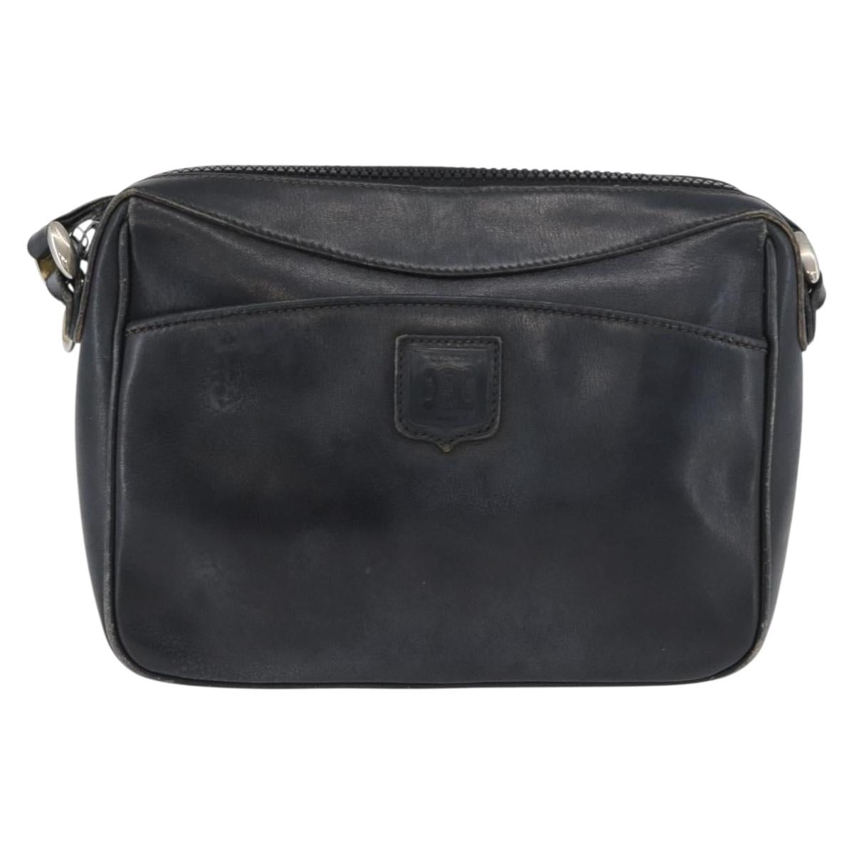 CELINE Shoulder Bag Leather Navy Gold Auth ka3302