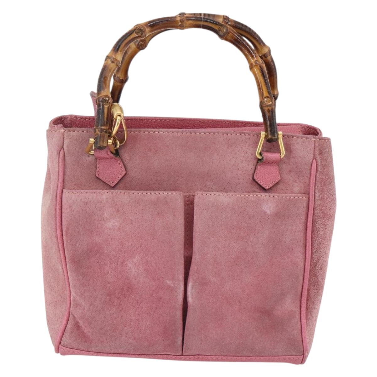 GUCCI Bamboo Hand Bag Suede Pink Gold 000 123 0316 Auth ka334
