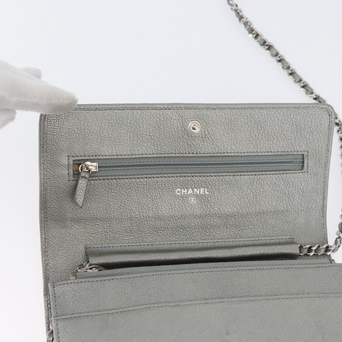 CHANEL Chain Wallet Shoulder Bag Leather Silver CC Auth ka3340SAV