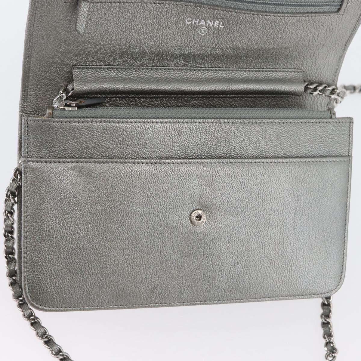 CHANEL Chain Wallet Shoulder Bag Leather Silver CC Auth ka3340SAV