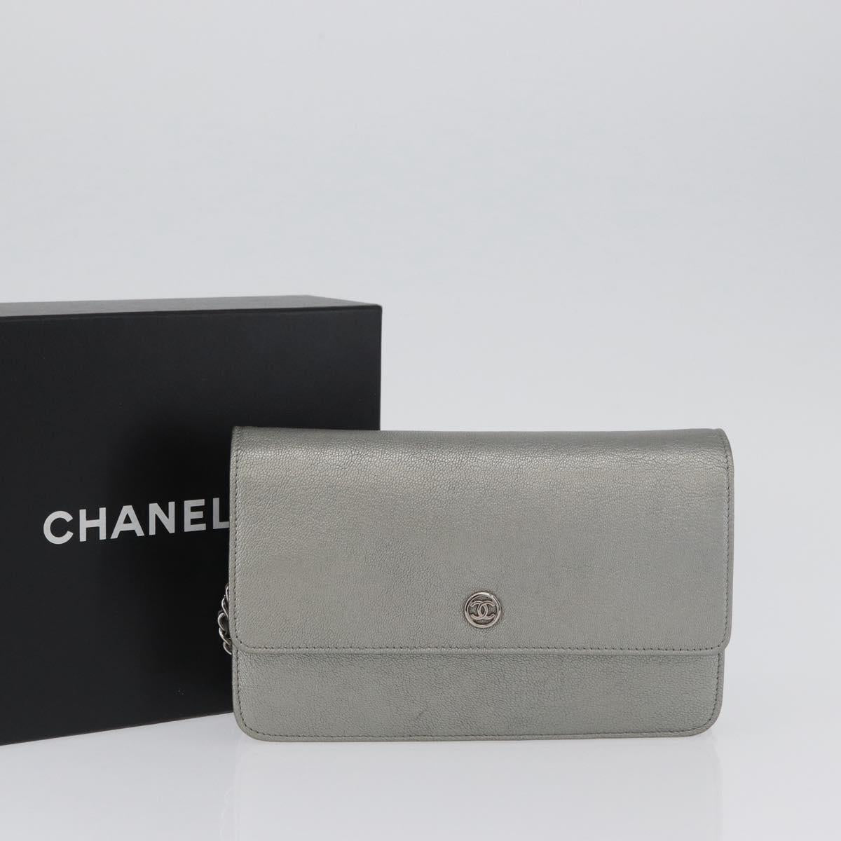 CHANEL Chain Wallet Shoulder Bag Leather Silver CC Auth ka3340SAV