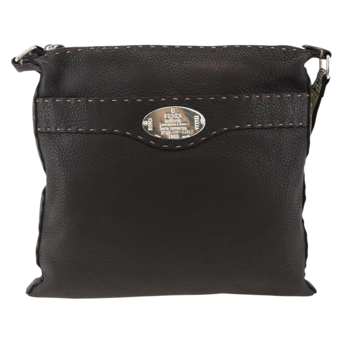 FENDI Shoulder Bag Leather Brown Silver Auth ka3356A