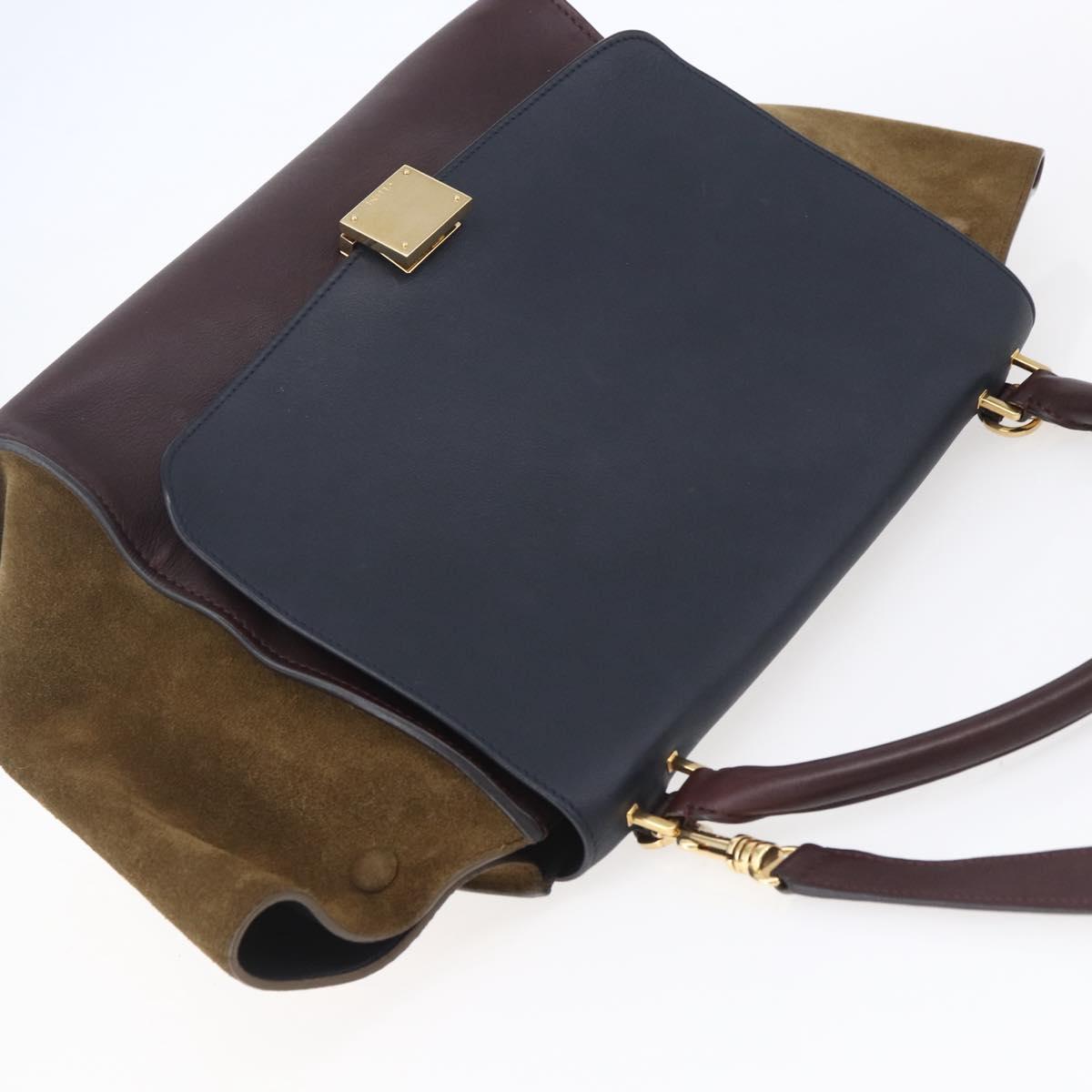 CELINE Trapeze Hand Bag Leather 2way Brown Black gold Auth ka337