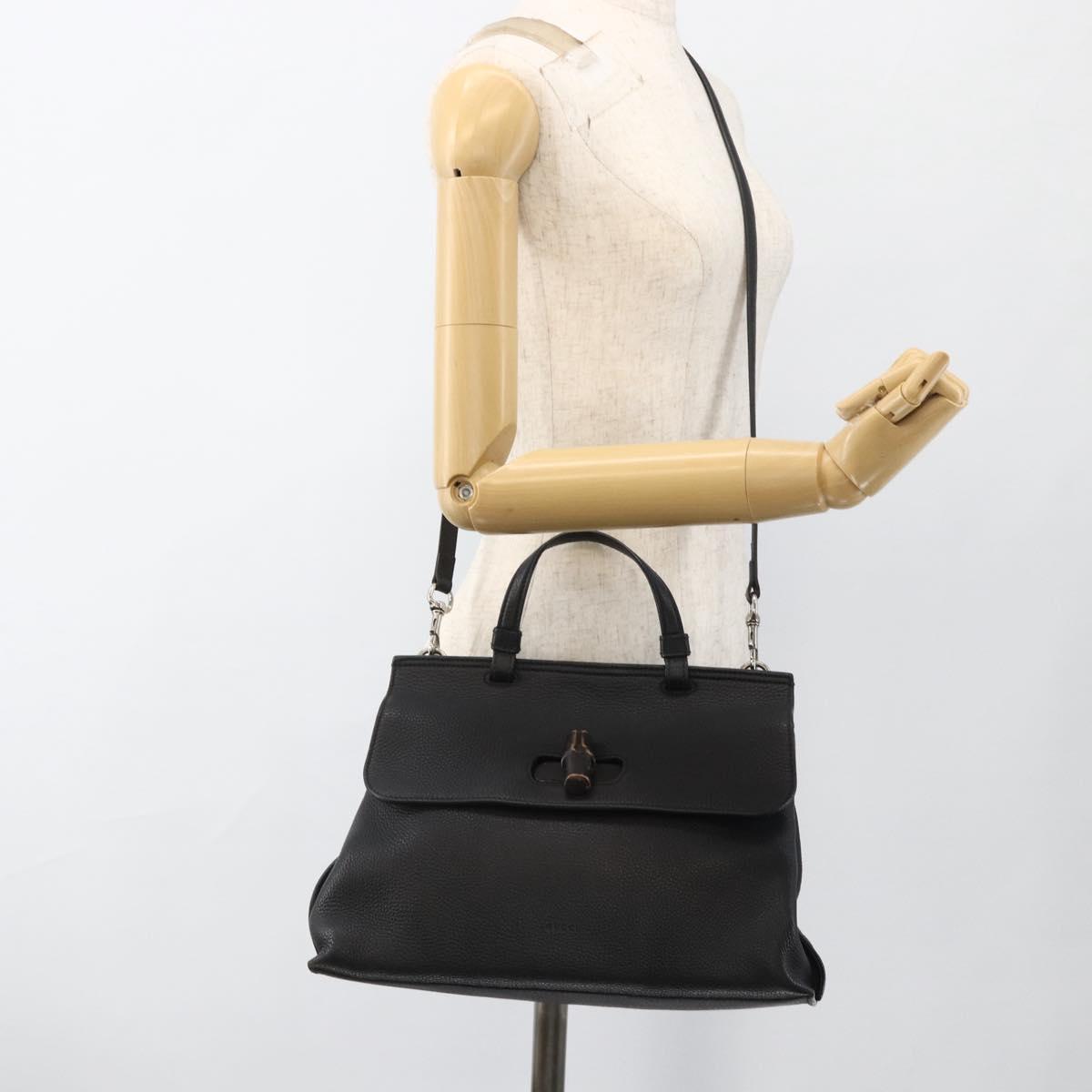 GUCCI Bamboo Hand Bag Leather 2way Black Silver 392013 Auth ka3371