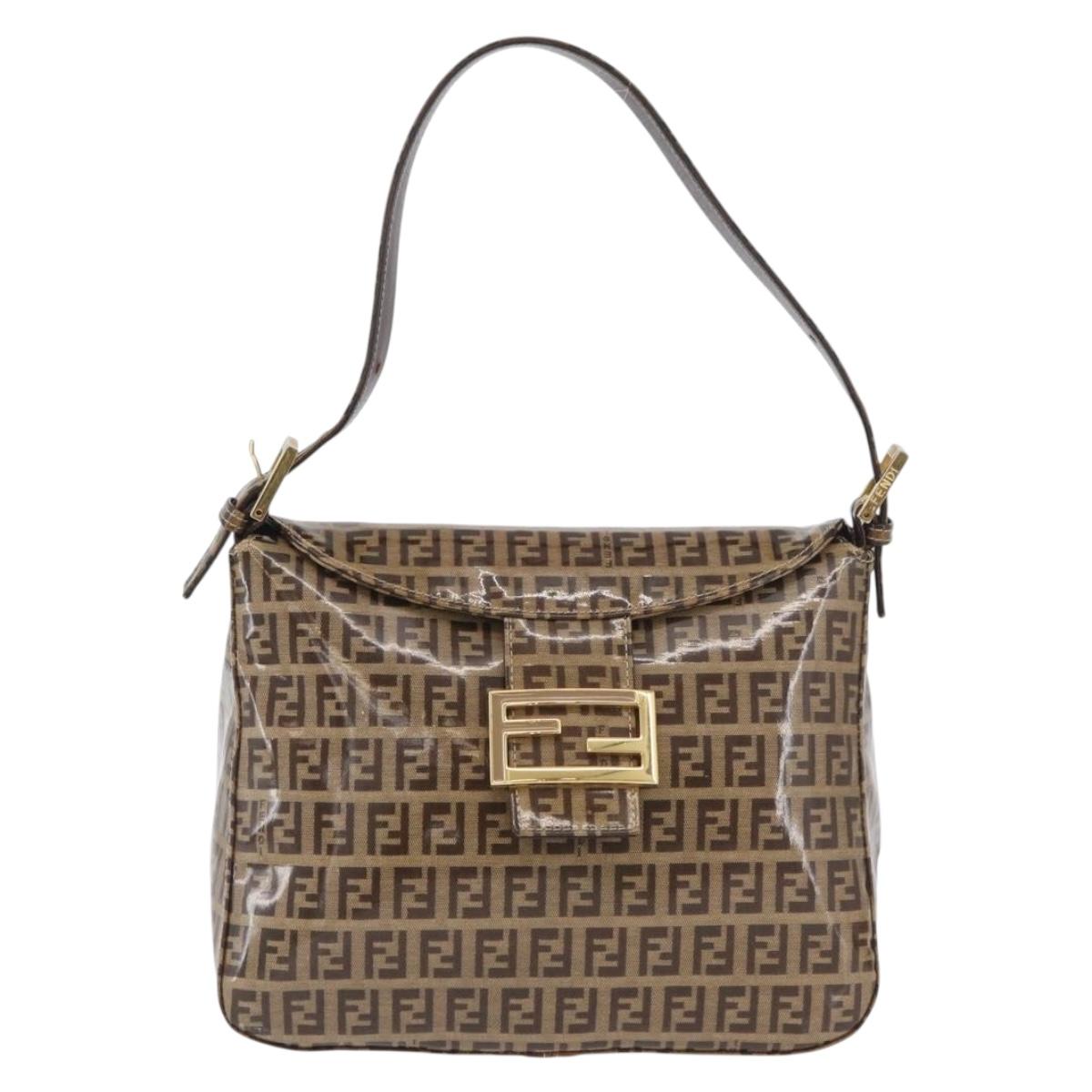 FENDI Zucchino Canvas Mamma Baguette Shoulder Bag Beige Gold Auth ka3373V
