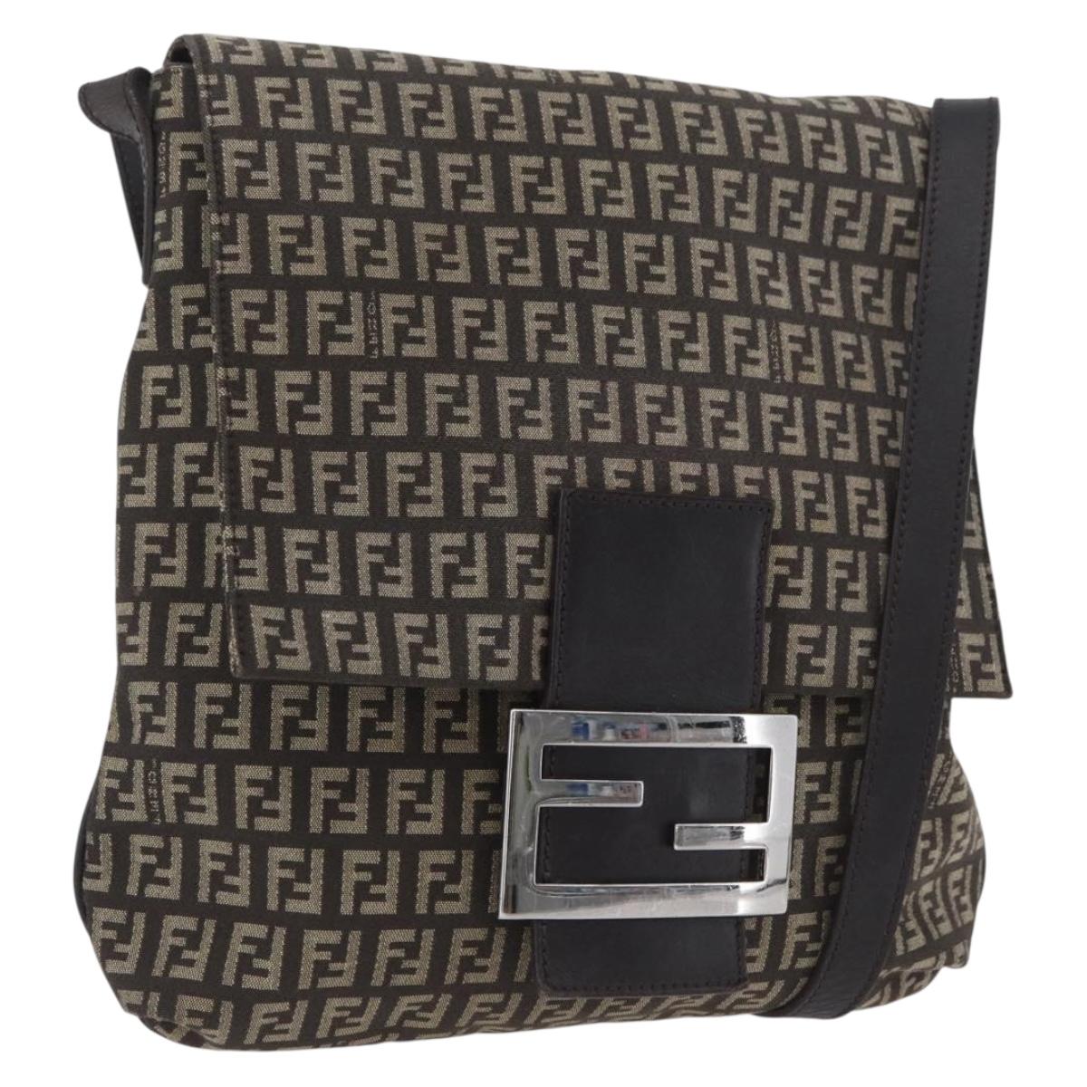 FENDI Zucchino Canvas Shoulder Bag Brown Silver Auth ka3374