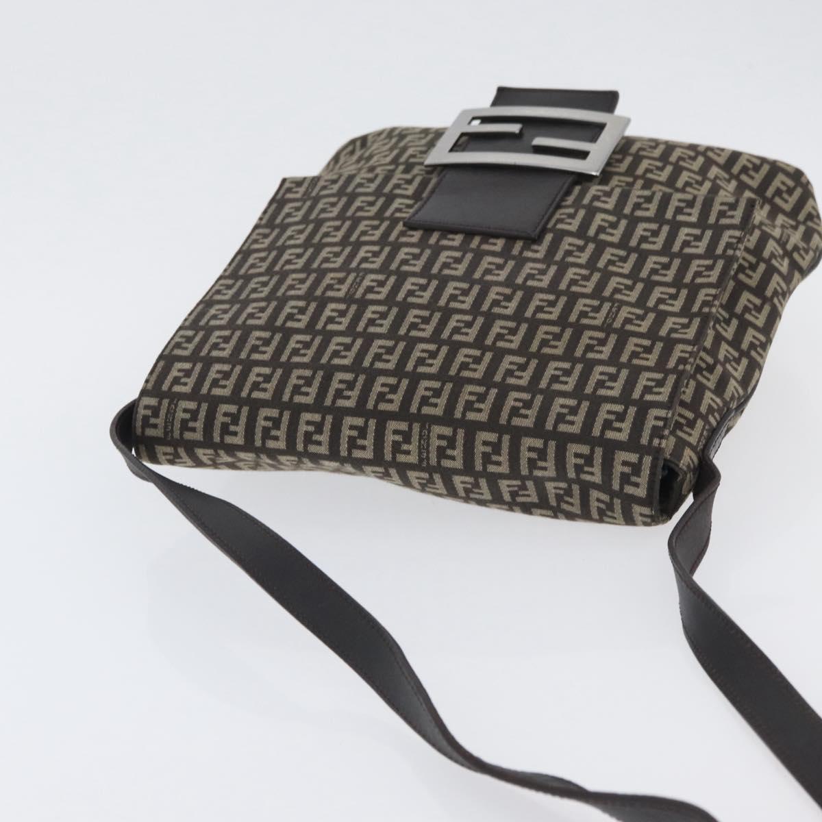 FENDI Zucchino Canvas Shoulder Bag Brown Silver Auth ka3374