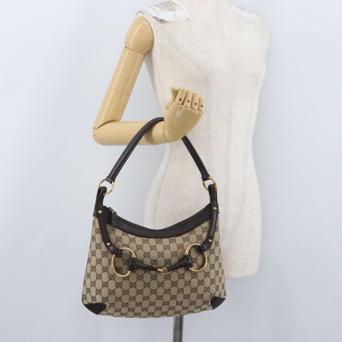 GUCCI GG Canvas Horsebit Shoulder Bag Beige Gold 114890 Auth ka3375SAV