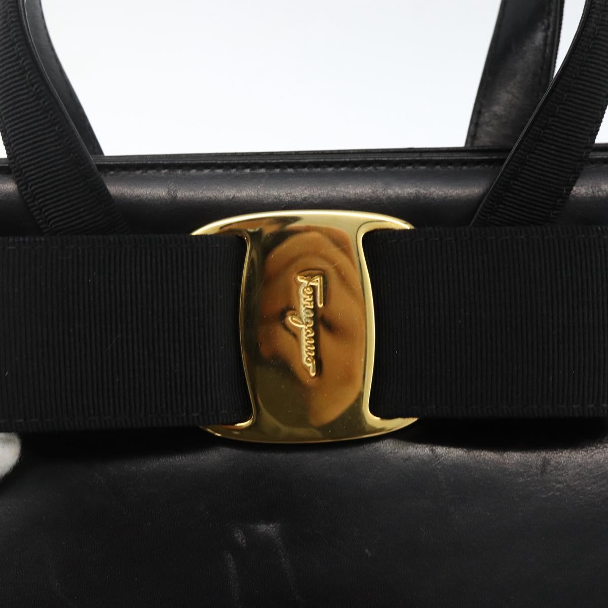 Salvatore Ferragamo Vala Ribbon Hand Bag Leather 2way Black Gold Auth ka3380