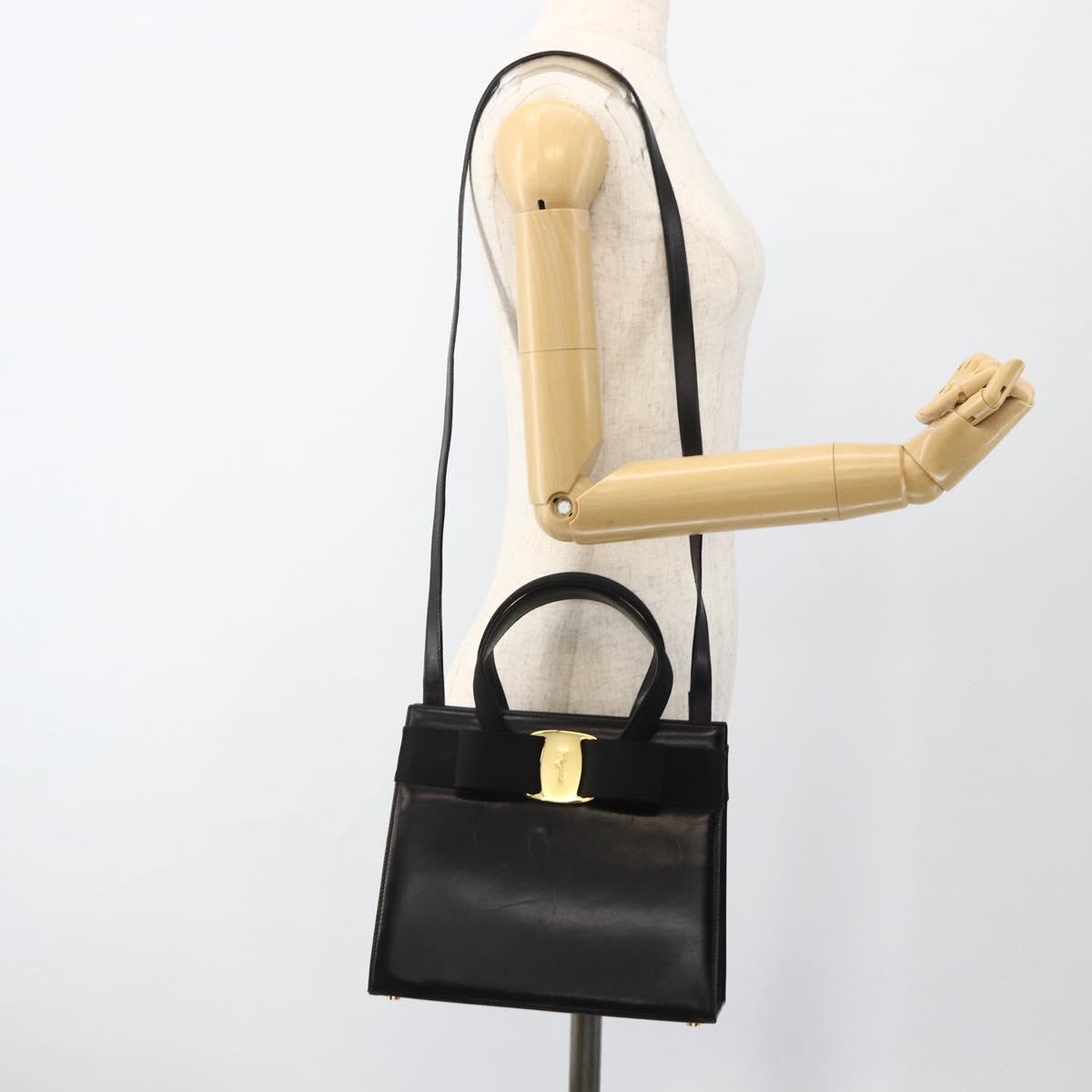 Salvatore Ferragamo Vala Ribbon Hand Bag Leather 2way Black Gold Auth ka3380