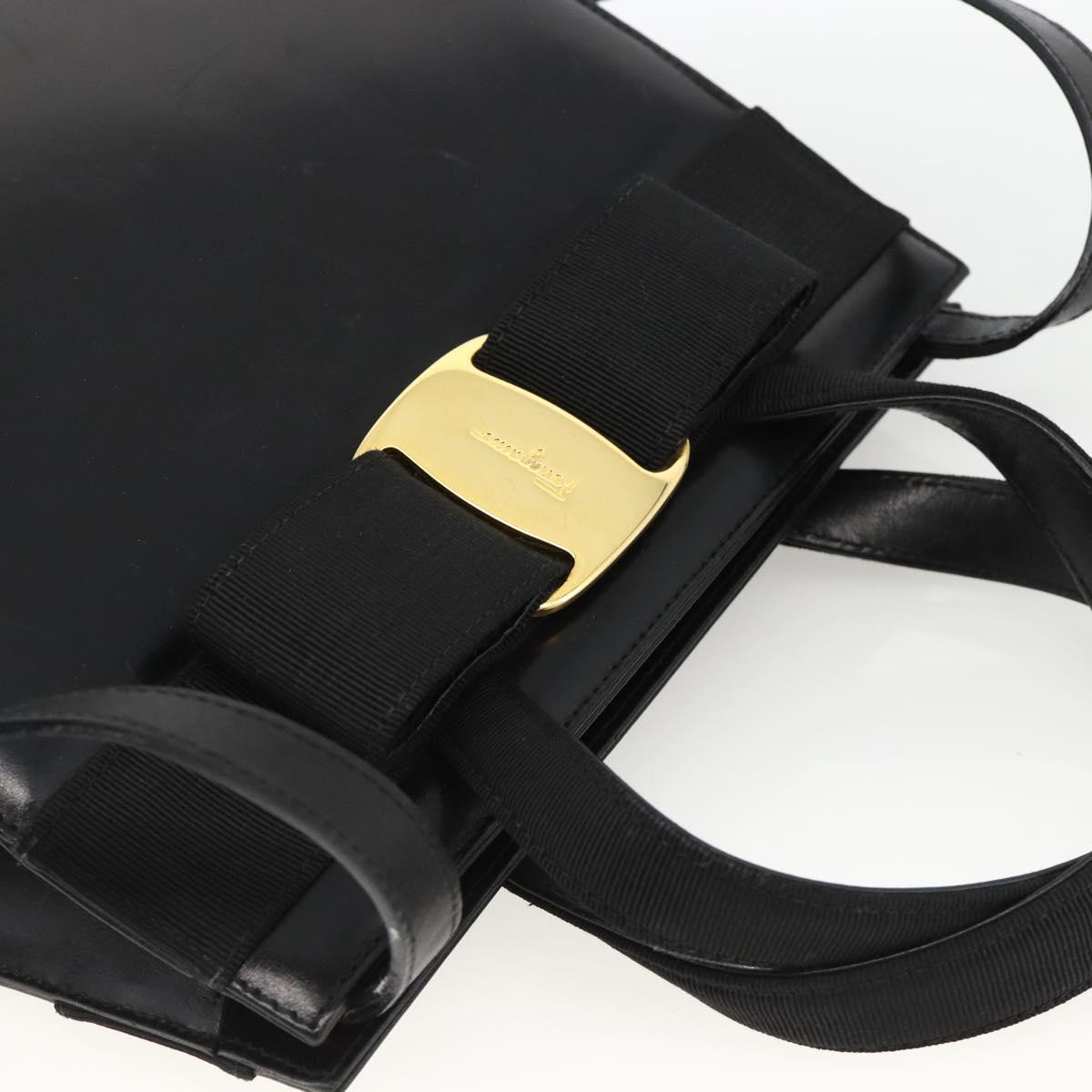 Salvatore Ferragamo Vala Ribbon Hand Bag Leather 2way Black Gold Auth ka3380