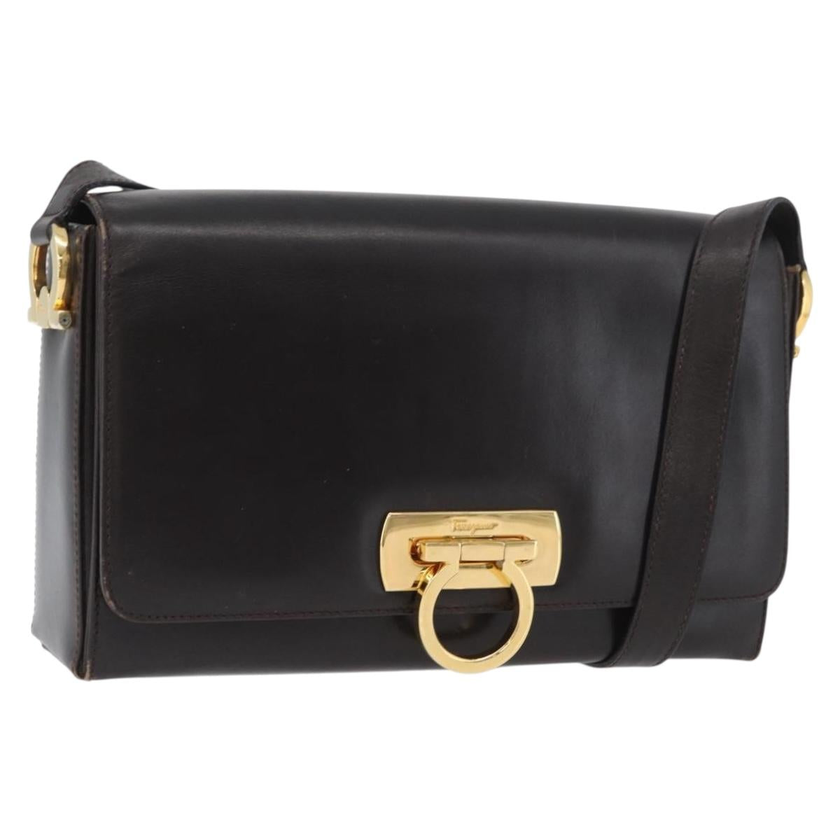 Salvatore Ferragamo Gancini Shoulder Bag Leather Brown Gold Auth ka3381