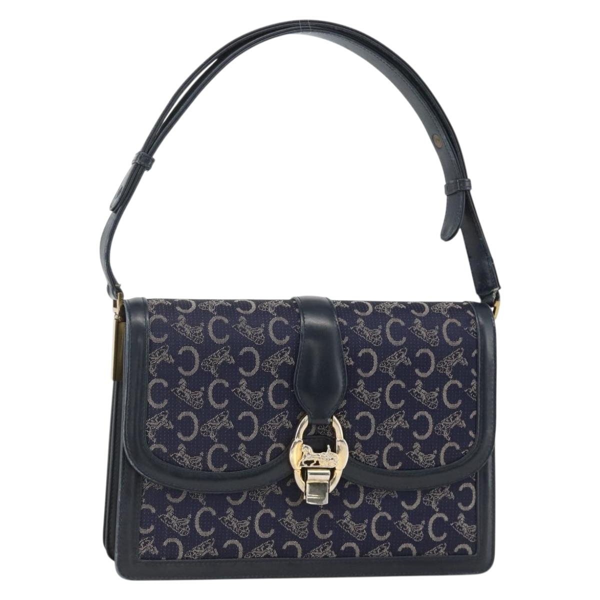 CELINE C Sulky Shoulder Bag Canvas Navy Gold Auth ka3383